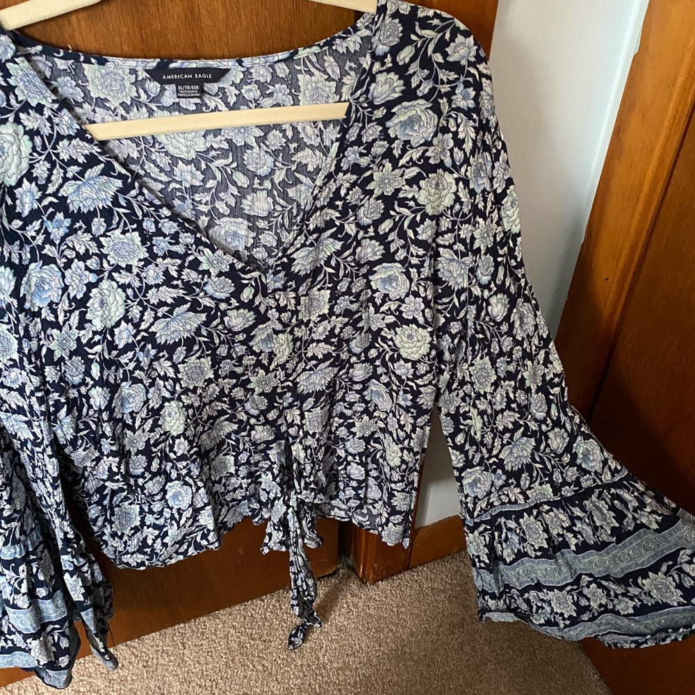 3/4 sleeve blouse with keyhole and tie at bottom